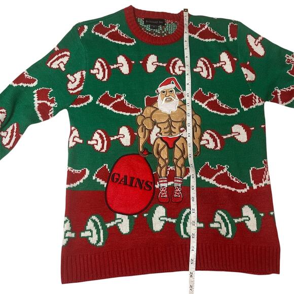 Blizzard Bay Muscle Santa "Gains" Ugly Christmas Sweater Weightlifting Gym Sz S - Picture 7 of 7